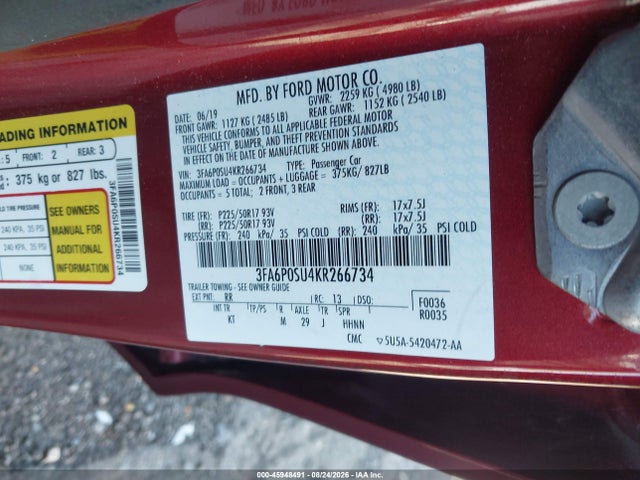 Aukcja sprzedaży 2019 Ford Fusion Energi Titanium, vin: 3FA6P0SU4KR266734, numer aukcji: 45948491