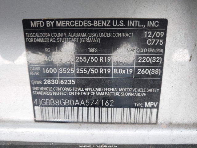 2010 Mercedes-benz Ml 350 4matic მანქანა იყიდება აუქციონზე, vin: 4JGBB8GB0AA574162, აუქციონის ნომერი: 45948510