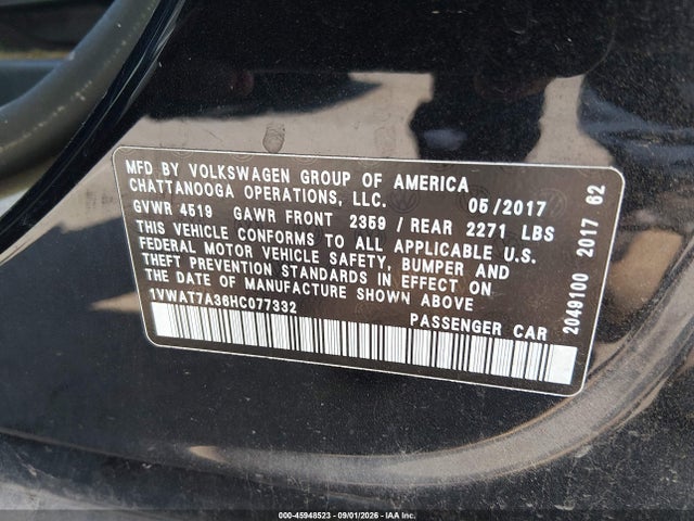 Продажа на аукционе авто 2017 Volkswagen Passat 1.8t S, vin: 1VWAT7A36HC077332, номер лота: 45948523