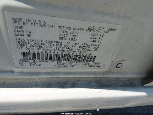 Продаж на аукціоні авто 2009 Mitsubishi Galant Es/sport Edition, vin: 4A3AB36F99E033040, номер лоту: 45948524
