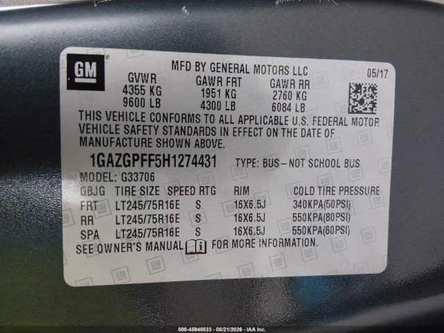 Продажа на аукционе авто 2017 Chevrolet Express 3500 Lt, vin: 1GAZGPFF5H1274431, номер лота: 45948533