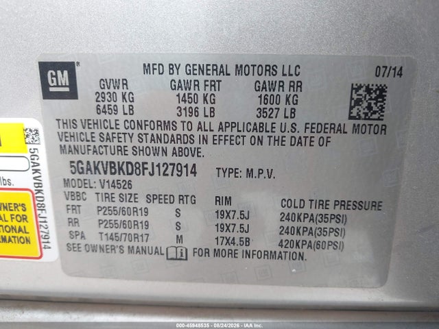 Aukcja sprzedaży 2015 Buick Enclave Leather, vin: 5GAKVBKD8FJ127914, numer aukcji: 45948535