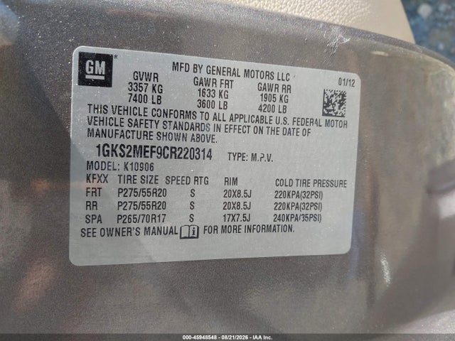 45948548 :رقم المزاد ، 1GKS2MEF9CR220314 vin ، 2012 Gmc Yukon Xl 1500 Denali مزاد بيع