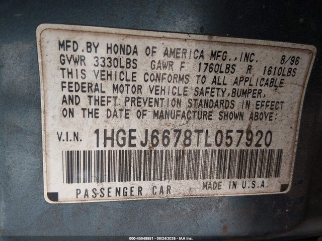 Aukcja sprzedaży 1996 Honda Civic Lx, vin: 1HGEJ6678TL057920, numer aukcji: 45948551