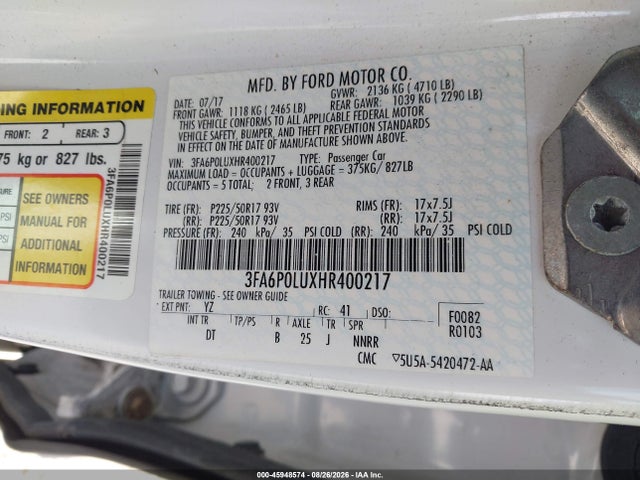 45948574 :رقم المزاد ، 3FA6P0LUXHR400217 vin ، 2017 Ford Fusion Hybrid Se مزاد بيع