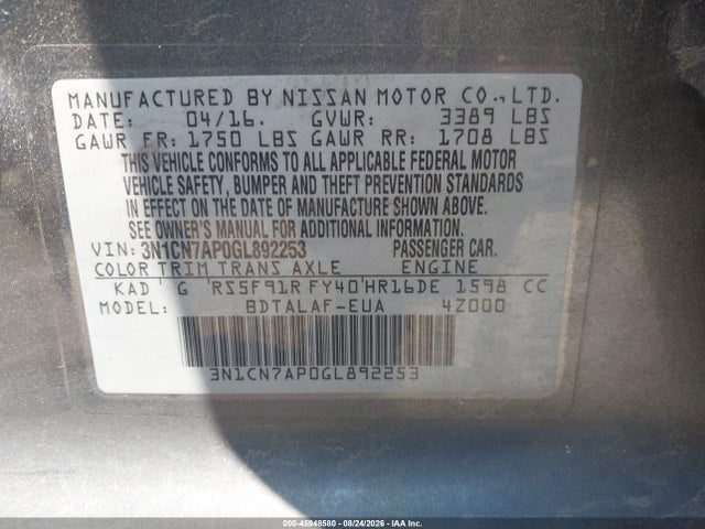 Продаж на аукціоні авто 2016 Nissan Versa 1.6 S, vin: 3N1CN7AP0GL892253, номер лоту: 45948580