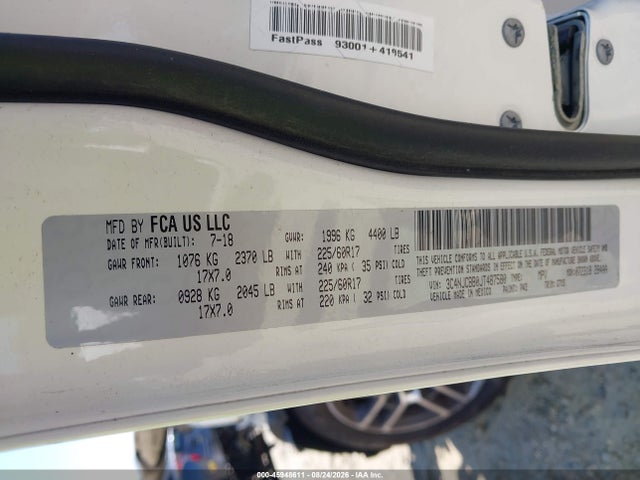 45948611 :رقم المزاد ، 3C4NJCBB0JT487580 vin ، 2018 Jeep Compass Sun And Wheel Fwd مزاد بيع
