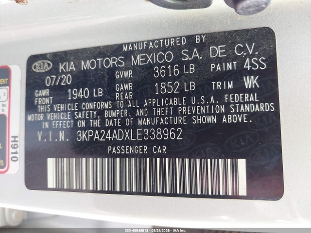 2020 Kia Rio Lx მანქანა იყიდება აუქციონზე, vin: 3KPA24ADXLE338962, აუქციონის ნომერი: 45948613