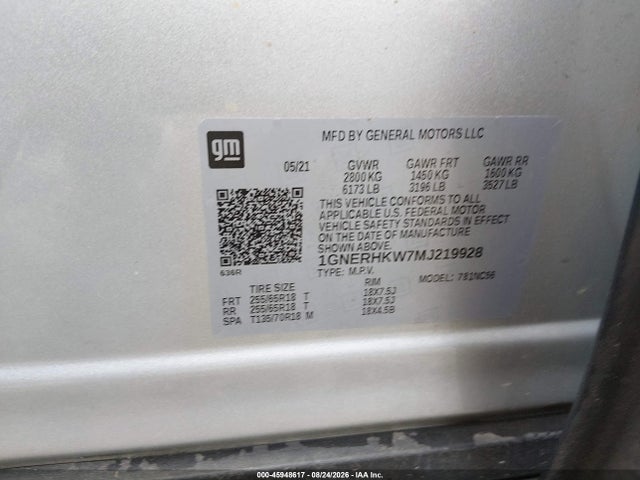 Aukcja sprzedaży 2021 Chevrolet Traverse Fwd Lt Leather, vin: 1GNERHKW7MJ219928, numer aukcji: 45948617