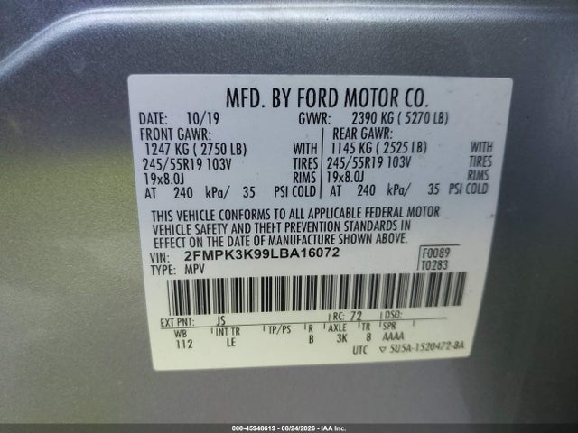 Aukcja sprzedaży 2020 Ford Edge Titanium, vin: 2FMPK3K99LBA16072, numer aukcji: 45948619