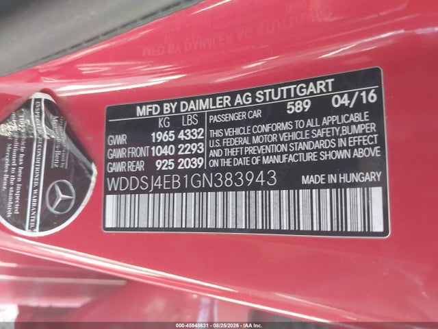 45948631 :رقم المزاد ، WDDSJ4EB1GN383943 vin ، 2016 Mercedes-benz Cla 250 مزاد بيع