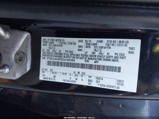 Продаж на аукціоні авто 2014 Ford Escape Titanium, vin: 1FMCU9J97EUC93359, номер лоту: 45948632