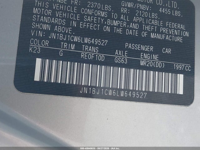 45948635 :رقم المزاد ، JN1BJ1CW6LW649527 vin ، 2020 Nissan Rogue Sport S Awd Xtronic Cvt مزاد بيع