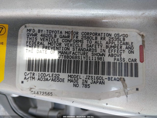 Aukcja sprzedaży 2000 Lexus Gs 300, vin: JT8BD68S1Y0111981, numer aukcji: 45948644