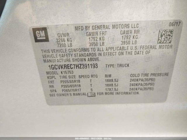 45948653 :رقم المزاد ، 1GCVKREC7HZ391193 vin ، 2017 Chevrolet Silverado 1500 Lt مزاد بيع