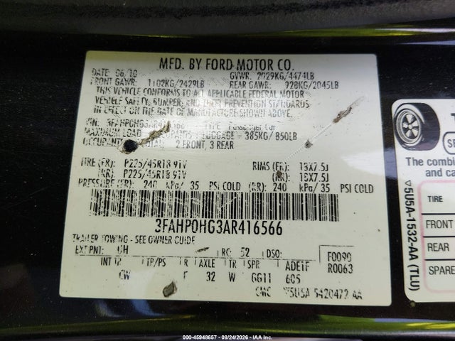 Aukcja sprzedaży 2010 Ford Fusion Se, vin: 3FAHP0HG3AR416566, numer aukcji: 45948657