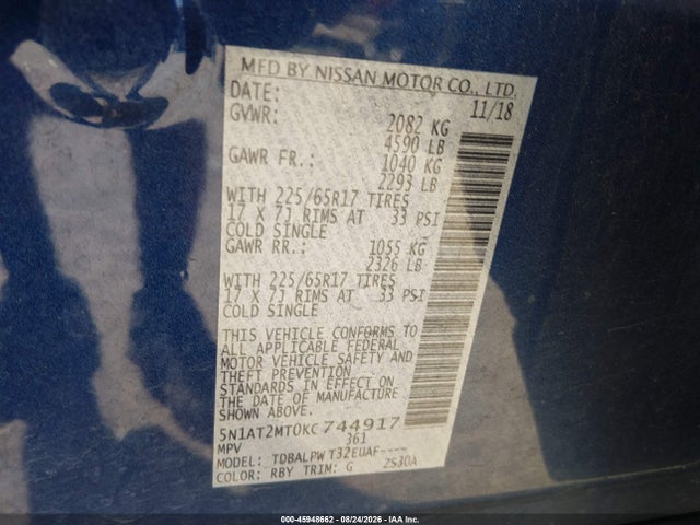 Aukcja sprzedaży 2019 Nissan Rogue S, vin: 5N1AT2MT0KC744917, numer aukcji: 45948662