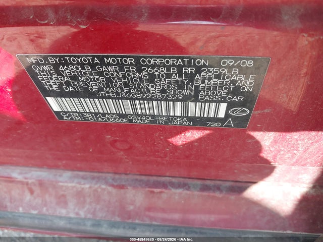 Продаж на аукціоні авто 2009 Lexus Es 350, vin: JTHBJ46G892287329, номер лоту: 45948680
