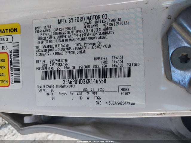 Aukcja sprzedaży 2019 Ford Fusion Se, vin: 3FA6P0HD3KR146558, numer aukcji: 45948683