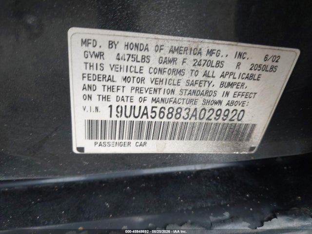 45948692 :رقم المزاد ، 19UUA56883A029920 vin ، 2003 Acura Tl 3.2 Type S مزاد بيع