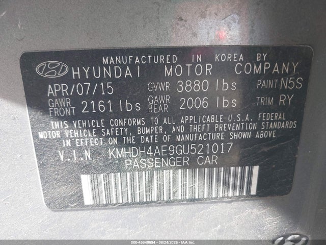 Продажа на аукционе авто 2016 Hyundai Elantra Value Edition, vin: KMHDH4AE9GU521017, номер лота: 45948694