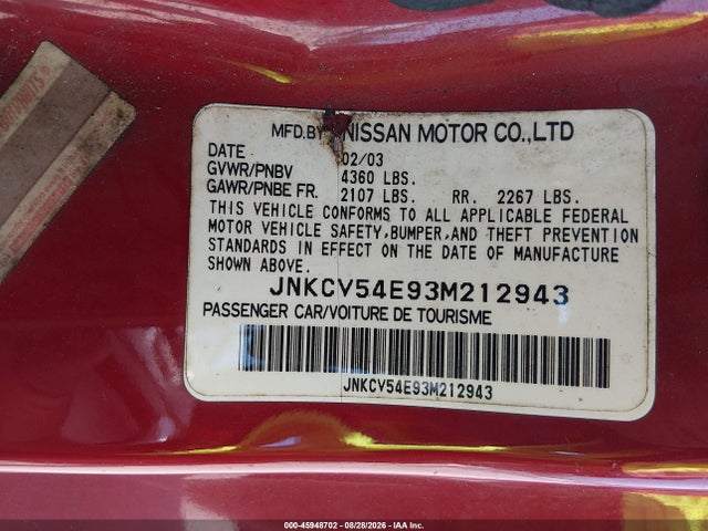 45948702 :رقم المزاد ، JNKCV54E93M212943 vin ، 2003 Infiniti G35 Base W/leather مزاد بيع