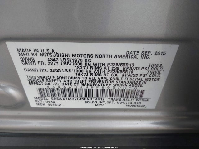 Aukcja sprzedaży 2015 Mitsubishi Outlander Sport Es, vin: 4A4AR3AW9FE052956, numer aukcji: 45948712