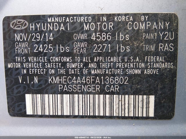 Aukcja sprzedaży 2015 Hyundai Sonata Hybrid Limited, vin: KMHEC4A46FA136802, numer aukcji: 45948714