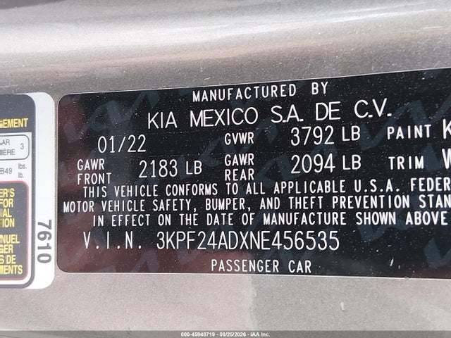 Продаж на аукціоні авто 2022 Kia Forte Lxs, vin: 3KPF24ADXNE456535, номер лоту: 45948719