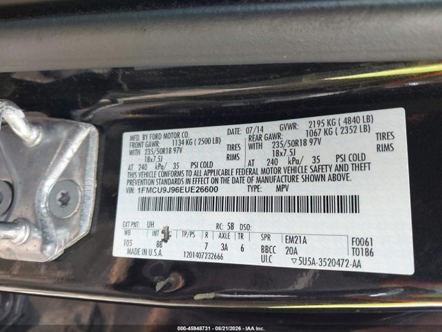 2014 Ford Escape Titanium მანქანა იყიდება აუქციონზე, vin: 1FMCU9J96EUE26600, აუქციონის ნომერი: 45948731