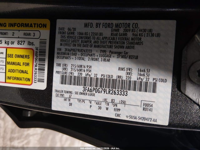 Продажа на аукционе авто 2020 Ford Fusion S, vin: 3FA6P0G79LR263333, номер лота: 45948744