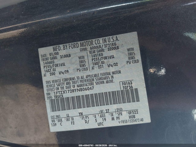 45948763 :رقم المزاد ، 1FTZX1728YNB06047 vin ، 2000 Ford F-150 Work Series/xl/xlt مزاد بيع