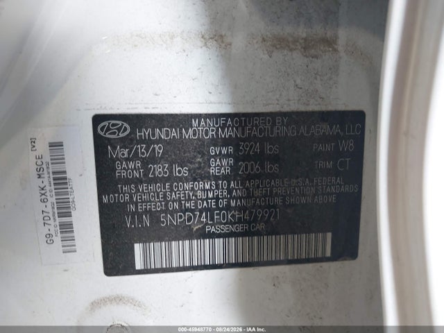 45948770 :رقم المزاد ، 5NPD74LF0KH479921 vin ، 2019 Hyundai Elantra Se مزاد بيع