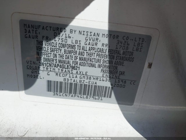 2016 Nissan Versa 1.6 Sv მანქანა იყიდება აუქციონზე, vin: 3N1CN7AP4GL879621, აუქციონის ნომერი: 45948769