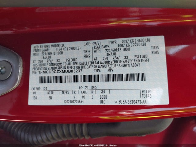 45948772 :رقم المزاد ، 1FMCU0CZXMUB03237 vin ، 2021 Ford Escape Sel Hybrid مزاد بيع