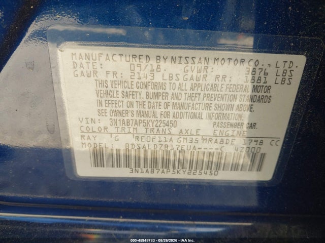 2019 Nissan Sentra Sv მანქანა იყიდება აუქციონზე, vin: 3N1AB7AP5KY225450, აუქციონის ნომერი: 45948783