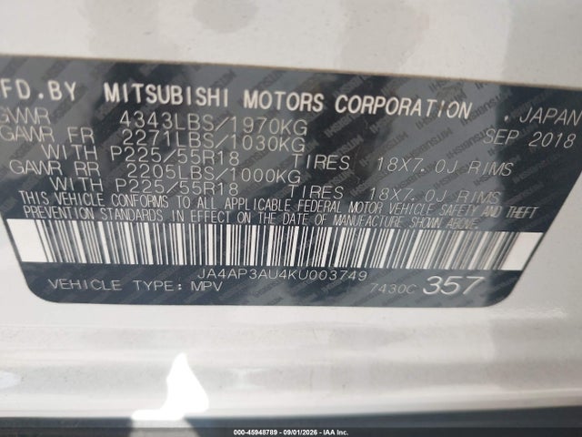 JA4AP3AU4KU003749 Mitsubishi Outlander Sport 2.0 Es