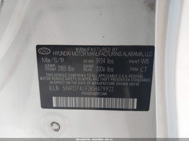 Aukcja sprzedaży 2019 Hyundai Elantra Se, vin: 5NPD74LF2KH479922, numer aukcji: 45948794