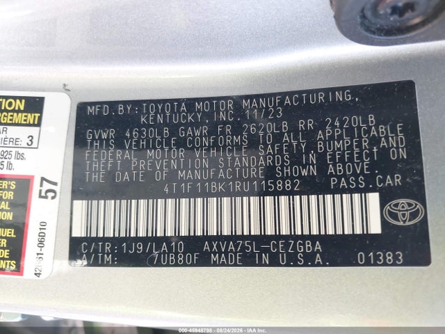 2024 Toyota Camry Xle მანქანა იყიდება აუქციონზე, vin: 4T1F11BK1RU115882, აუქციონის ნომერი: 45948798