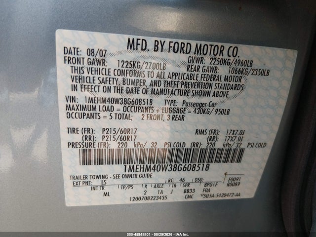 2008 Mercury Sable მანქანა იყიდება აუქციონზე, vin: 1MEHM40W38G608518, აუქციონის ნომერი: 45948801