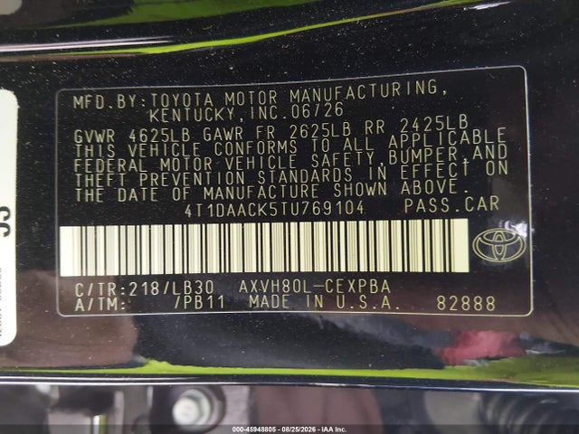 45948805 :رقم المزاد ، 4T1DAACK5TU769104 vin ، 2026 Toyota Camry Xse مزاد بيع