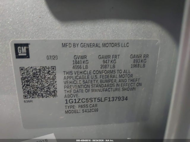 Aukcja sprzedaży 2020 Chevrolet Malibu Fwd 1fl, vin: 1G1ZC5ST5LF137934, numer aukcji: 45948816