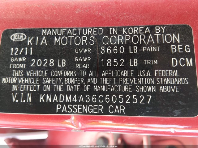 45948829 :رقم المزاد ، KNADM4A36C6052527 vin ، 2012 Kia Rio Lx مزاد بيع
