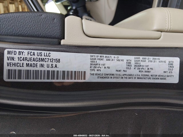 2021 Jeep Grand Cherokee Laredo E 4x2 მანქანა იყიდება აუქციონზე, vin: 1C4RJEAG8MC712158, აუქციონის ნომერი: 45948832
