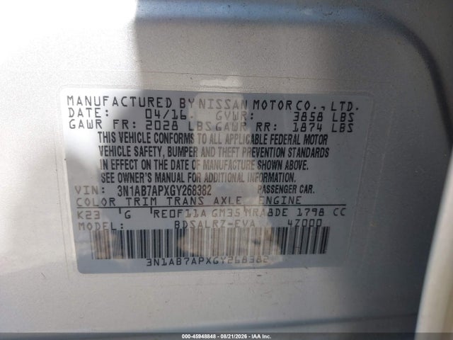Продаж на аукціоні авто 2016 Nissan Sentra Fe+ S/s/sl/sr/sv, vin: 3N1AB7APXGY268382, номер лоту: 45948848