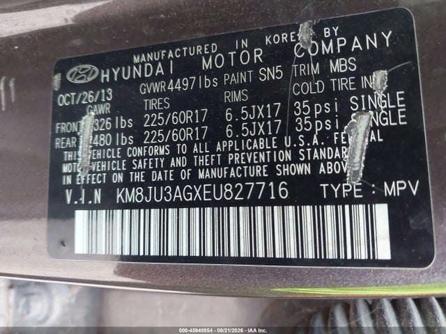 2014 Hyundai Tucson Se მანქანა იყიდება აუქციონზე, vin: KM8JU3AGXEU827716, აუქციონის ნომერი: 45948854