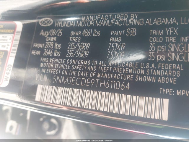 Aukcja sprzedaży 2026 Hyundai Tucson Limited, vin: 5NMJECDE9TH611064, numer aukcji: 45948862