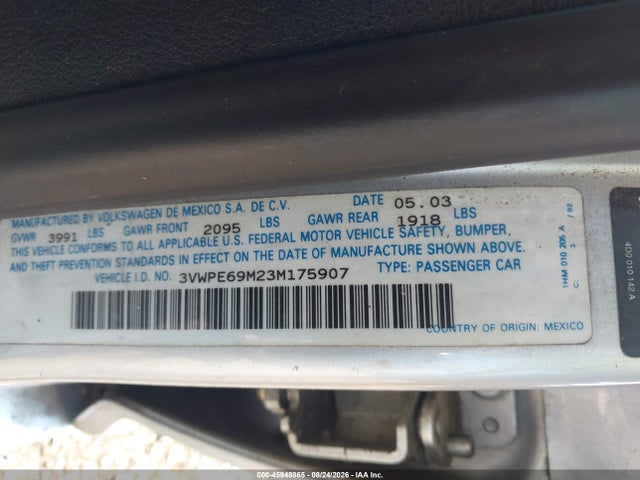 Aukcja sprzedaży 2003 Volkswagen Jetta Wolfsburg Edition, vin: 3VWPE69M23M175907, numer aukcji: 45948865