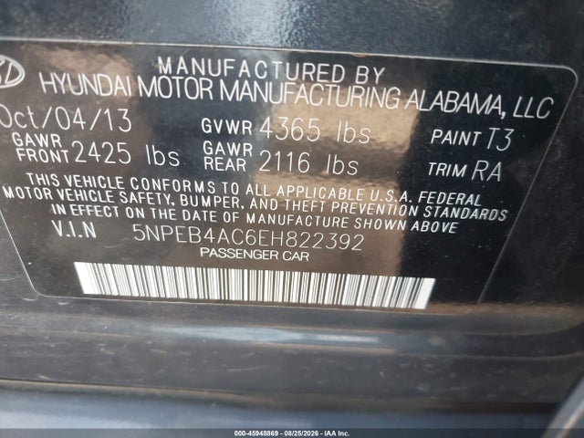 Продажа на аукционе авто 2014 Hyundai Sonata Gls, vin: 5NPEB4AC6EH822392, номер лота: 45948869