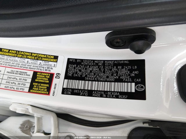 Aukcja sprzedaży 2022 Lexus Es 300h F Sport, vin: 58AGA1C15NU018990, numer aukcji: 45948871